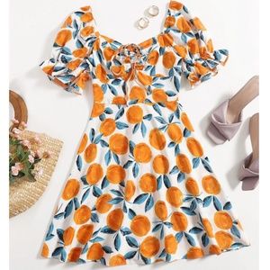 SHEIN Puff Sleeve Orange Fruit Print Dress- 4X